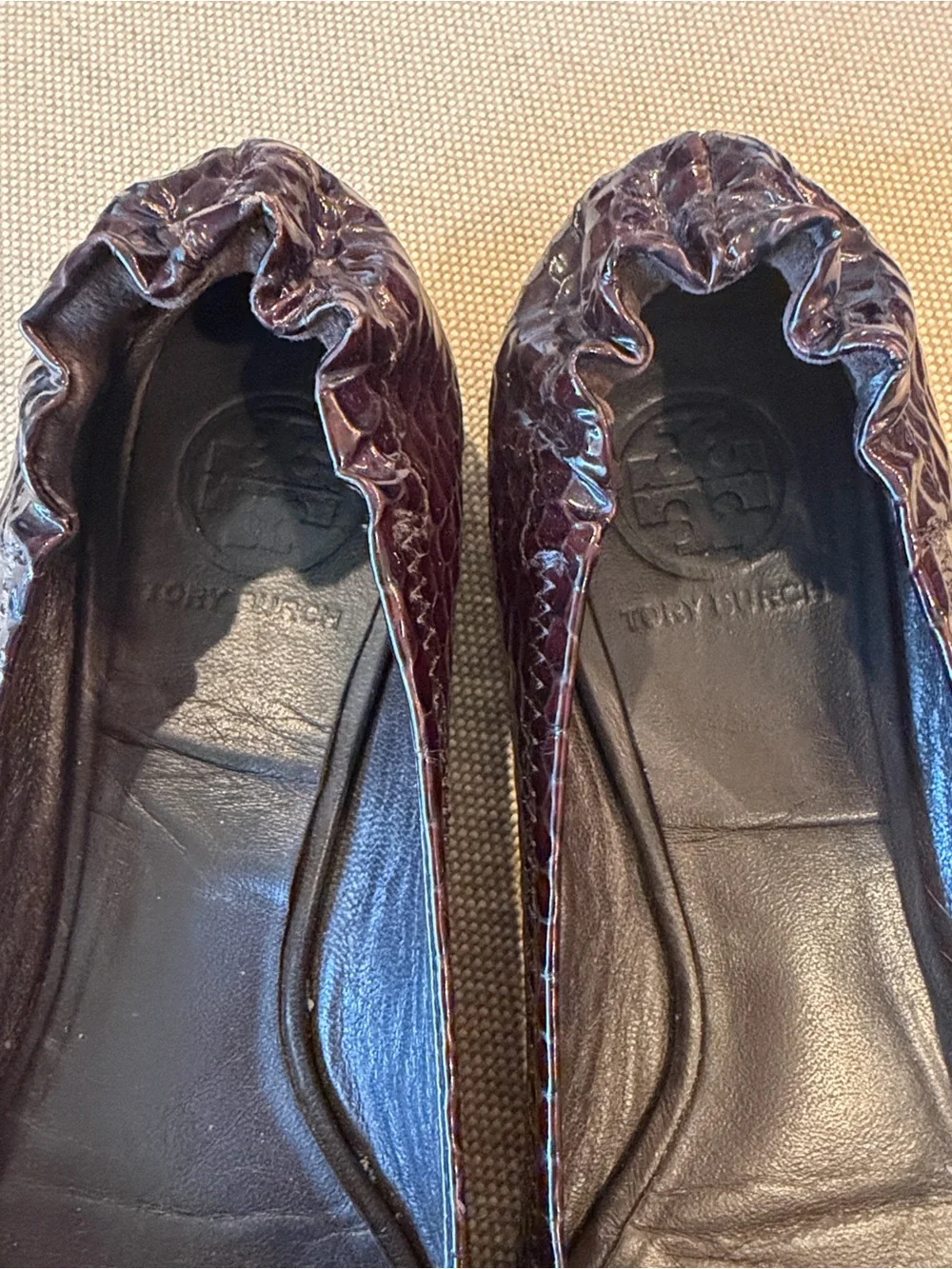 Tory Burch Chocolate Brown Snakeskin embossed Logo Ballet Flats